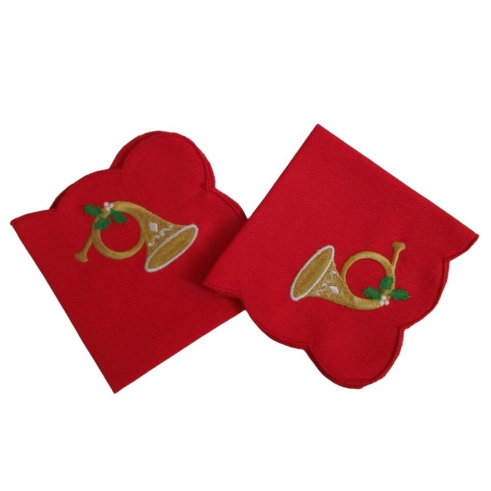 Vintage Red Embroidered Cocktail Napkins French Horn Design Two EUC